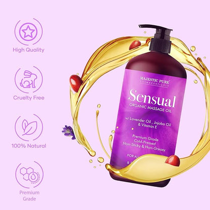 MAJESTIC PURE Organic Sensual Massage Oil for Massage Therapy - Refreshing, and Relaxing - Natural Oils for Date Night with Vitamin E - for All Skin Types - Men and Women - 8 fl oz