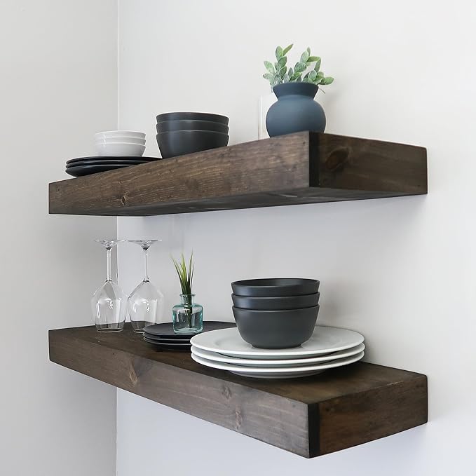 Urbandi Modern Floating Shelves 3 Inches Thick for Wall, Wide Shelves for Kitchen, Living Room, Bedroom, and Bathroom, Natural Pine Wood, Rustic Wooden Shelf, (Set of 2) (Jacobean, 24Lx3Hx6D)