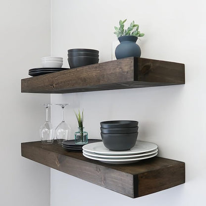 Urbandi Modern Floating Shelves 3 Inches Thick for Wall, Wide Shelves for Kitchen, Living Room, Bedroom, and Bathroom, Natural Pine Wood, Rustic Wooden Shelf, (Set of 2) (Jacobean, 24Lx3Hx8D)