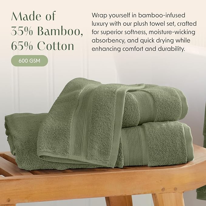Springtree Home Luxury Viscose from Bamboo Bath Towel Set 6 Piece Set | 35% Viscose from Bamboo - 65% Cotton | Absorbent Quick-Dry Towels for Bathroom | Oeko-TEX Standard 100 Cotton | Lily Pad Green