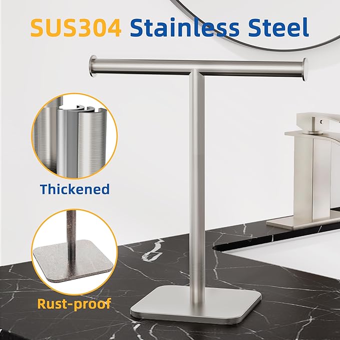 RUACQ T-Shape Hand Towel Holder Stand, Weighted Base Towel Rack, 12" Countertop Towel Holder for Bathroom, 304 Stainless Steel, Heavy Duty (Brushed Nickel, 2 Pack)