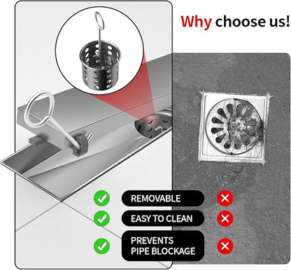 Linear Shower Drain, 304 Stainless Steel with Adjustable Leveling Feet, Hair Strainer,Reversely Install Place to Create an Invisible Floor Drain - Silver -48-Inch