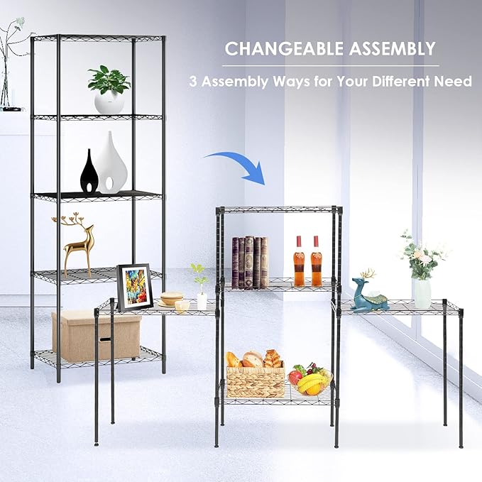 BNSPLY 5 Tier Wire Shelving Unit, Adjustable Wire Rack Shelving, Changeable Metal Wire Storage Shelves for Kitchen, Laundry, Bathroom, Balcony, Pantry (11.4" D x 21.3" W x 59" H, Black)