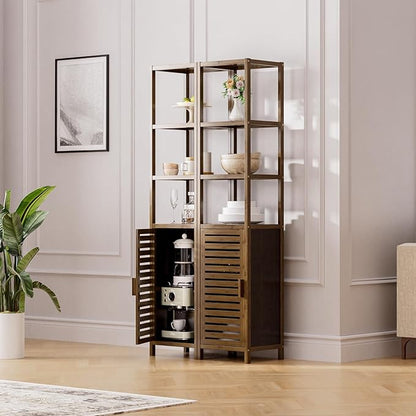 HITNET Bathroom Cabinet, Bamboo Floor Cabinet Freestanding Narrow Storage Unit with Removable Shelves, 6 Tier Tall Cabinet, Walnut