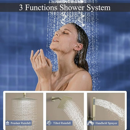 Shower Faucet Set Brushed Gold Shower System, Knob Switch Diverter Shower Faucet with High Pressure Handheld Spray, Ceiling Mount 10 Inch Shower Head with 6 Inch Wall Mount Shower Head