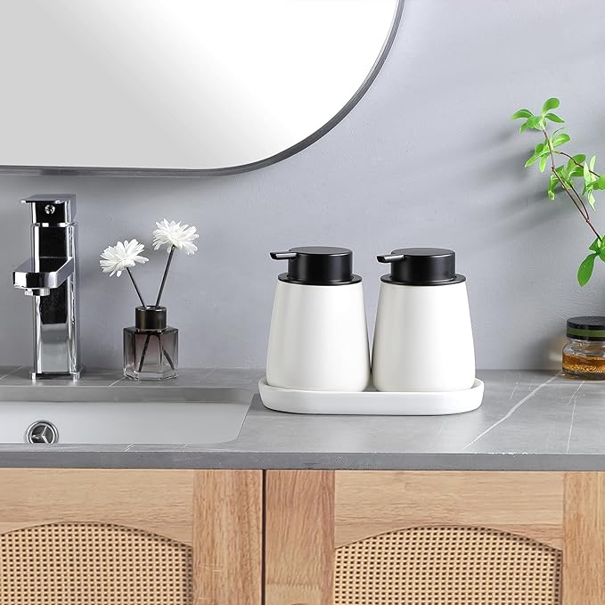 2 Pack White Round Soap Dispenser Tray - 8'' Ceramic Vanity Tray & Organizer Plate Set, Bathroom & Kitchen Countertop Decor for Soap Dispenser, Jewelry, Cosmetics, Sink
