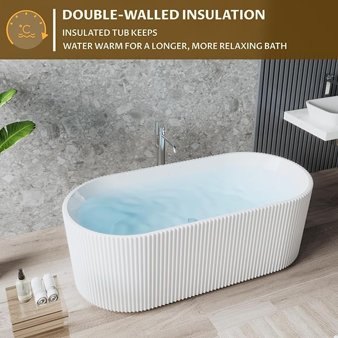 59" Acrylic Freestanding Soaking Bathtub, Matte Drain & Black Overflow, Contemporary Design Tub for Home Bathroom Renovations, Glossy White