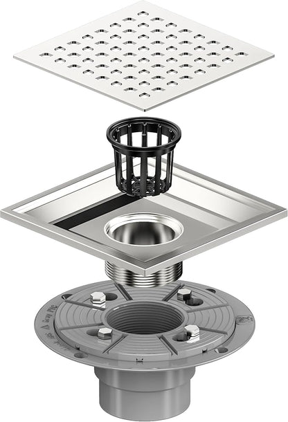 Neodrain Square Shower Drain,6 inch Stainless Steel 304 Grate and PVC Drain Body, Grate with Brushed Nickel Finish, Kit Includes Hair Trap/Strainer,Lifting Hook and PVC Drain Base