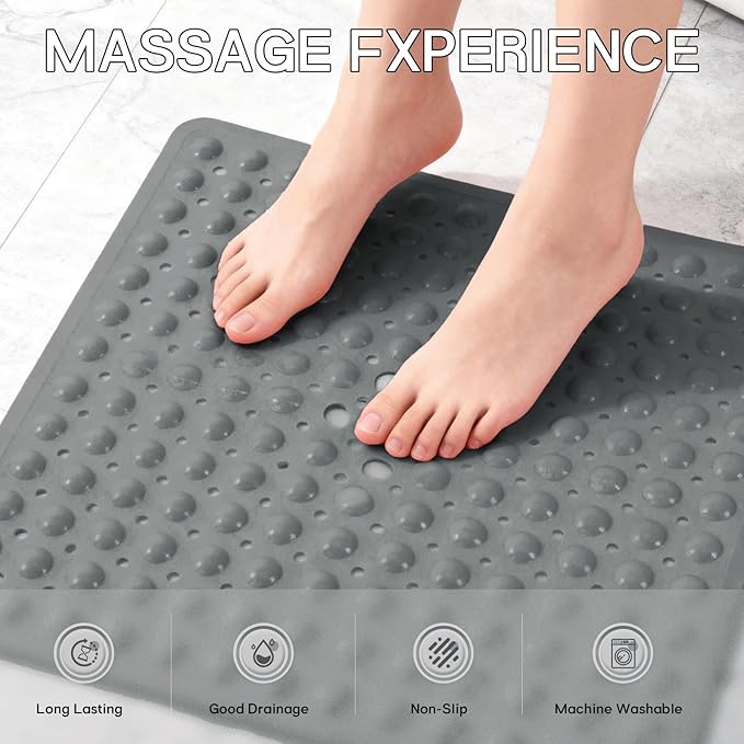 Anti-Slip Bathtub Shower mat, 20.8×20.8（Approximately 53×53cm） inch Soft Oversized Machine Washable Non-Slip Bathtub mat with Drainage Holes, Bathroom Floor Suction Cup.（1-Opaque Gray）