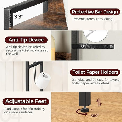 Over The Toilet Storage Rack, 3 Tier Bathroom Organizer Over Toilet, Freestanding Space Saver Toilet Stand with 2 Hooks, Bathroom Storage Shelf, Easy to Assemble, Rustic Brown TSHR6001