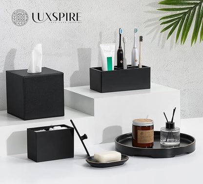 Luxspire Toothbrush Holder, 5 Slots Toothbrush Razor Holder Toothpaste Stand, Resin Decorative Dental Storage for Bathroom Accessories Set Vanity Counter Sink Organizer Storage Organizer Caddy - Black