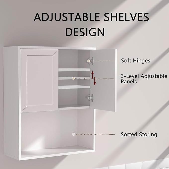 Bathroom Wall Cabinet Wooden with 2 Doors,Over the Toilet Storage Cabinet,Bathroom and Laundry Wall Mount Storage Medicine Cabinet with Open and Adjustable Shelf,Easy Assembly (Style A-2 PC, White)