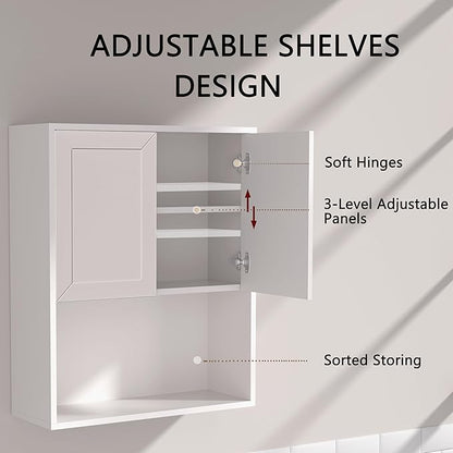 Bathroom Wall Cabinet Wooden with 2 Doors,Over the Toilet Storage Cabinet,Bathroom and Laundry Wall Mount Storage Medicine Cabinet with Open and Adjustable Shelf,Easy Assembly (Style A-2 PC, White)
