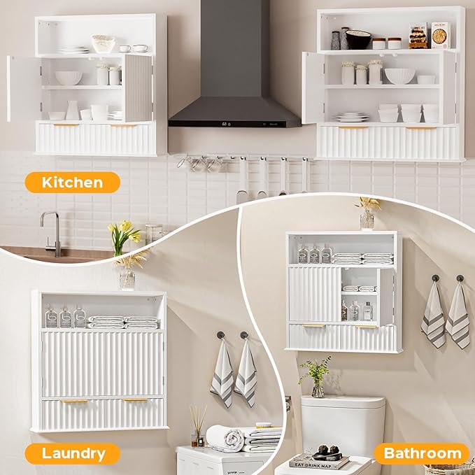 Bathroom Wall Cabinet, Wall Mounted Medicine Cabinet with Drawers, Modern Farmhouse Storage Cabinet with with Adjustable Wood Shelf & Doors for Bathroom, Kitchen, Laundry Room (White)