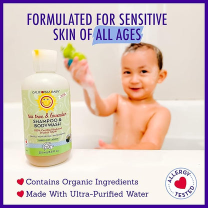 California Baby Tea Tree & Lavender Baby Wash + Baby Shampoo | 100% Plant-Based | Tea Tree Shampoo For Sensitive Skin | Hypoallergenic | 251mL / 8.5oz