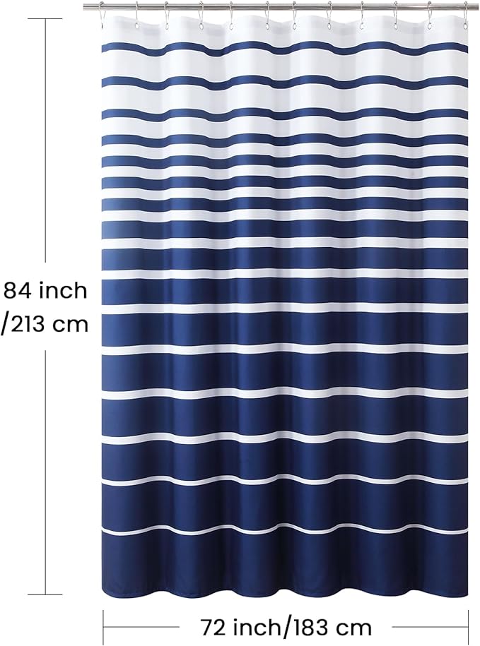 Extra Long Blue Shower Curtain, Modern Navy Blue and White Stripe Waterproof Polyester Shower Curtains for Bathroom, 72x84 Inches