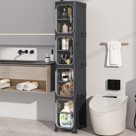 KHNR 4-Tiers Slim Bathroom Storage Cabinet, Foldable Storage Cabinets,Narrow Bathroom Storage,Movable Bathroom Storage Organizer for Small Spaces,Bathroom,Kitchen,Laundry,Black