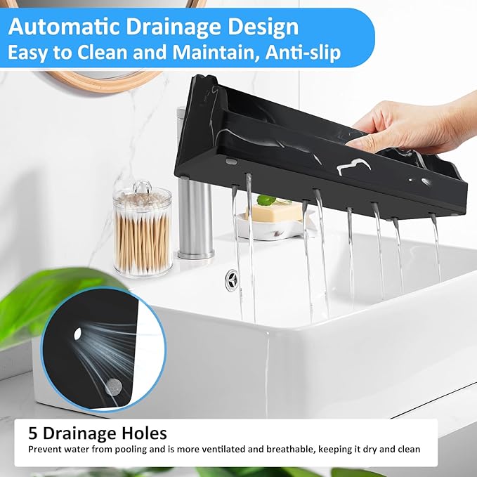Marble Bathroom Countertop Organizer, Black Toothbrush Holders for Bathrooms Counter Organizer with 3PCS Qtip Dispenser, Toothbrush and Toothpaste Holder for Bathroom Organization Vanity Storage