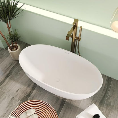 55" Premium Solid Surface Freestanding Bathtub, Upgraded Oval Stone Resin Tub with Overflow and Pop-up Drain, Matte White