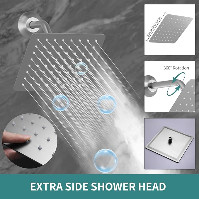 Brushed Nickel Shower System with 12+8+8" Three Top Shower Heads, Full Body Shower System with Temperature Display,Handheld Sprayer and Body Jets Shower Set