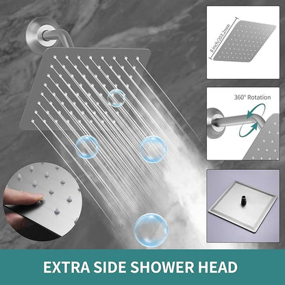 Brushed Nickel Shower System with 12+8+8" Three Top Shower Heads, Full Body Shower System with Temperature Display,Handheld Sprayer and Body Jets Shower Set