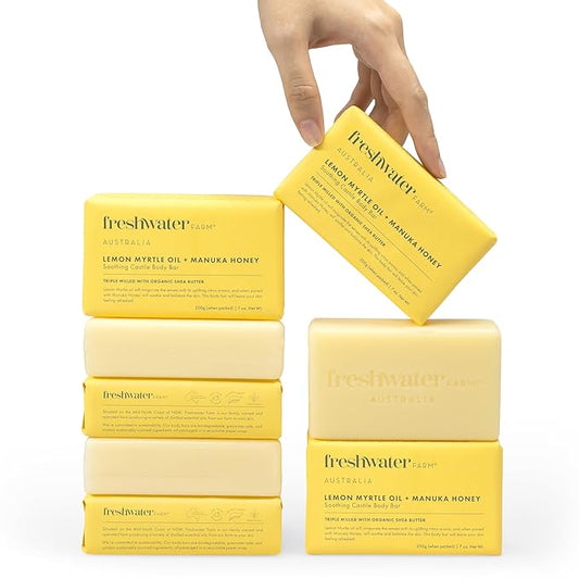 Freshwater Farm Australia Natural Soap Bar- Lemon Myrtle+Manuka Honey- 7 oz x 8 Pack- Castile Bar Soap, Natural Soap Bar, Bar Soap, Body Soap Bars- Essential Oils For Sensitive Skin