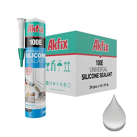 Akfix 100E RTV Translucent Silicone Caulk (24x10.1 fl.oz.)- 100% Waterproof Silicone Sealant for Kitchen and Bathroom, Shower, Bathtub, Toilet, Sink, Window & Door, No Discoloring |Translucent 24 Pack