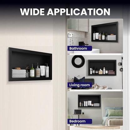 Stainless Steel Shower Niche 12" x 24", Single-Layer Wall Mounted No Tile Needed, Recessed Shower Niche with Hollow Partition, Shower Niches Shelf for Bathroom Organizer, Black