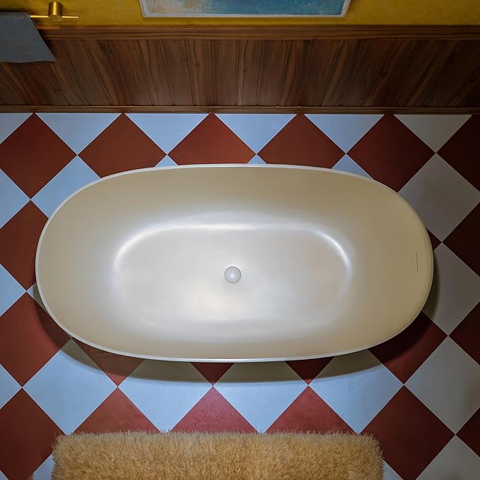 WOODBRIDGE 61-1/4" L x 30-3/4" W Stone Resin Luxury Contemporary Solid Surface Freestanding Soaking Bathtub in Cream with Two Drain Covers Included