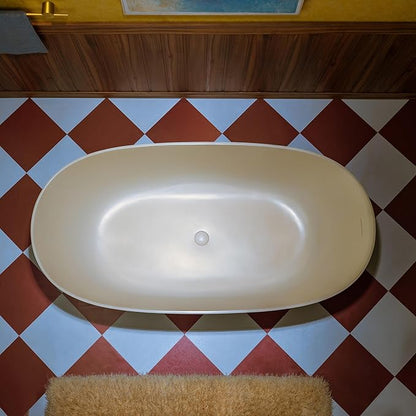 WOODBRIDGE 69" L x 32" W Stone Resin Luxury Contemporary Solid Surface Freestanding Soaking Bathtub in Cream with 2-Drain Covers Included