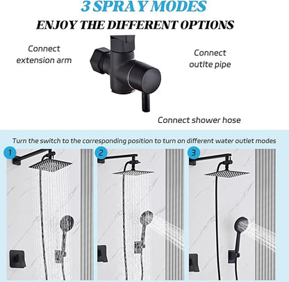 Shower Head 8'' High Pressure Rainfall, Handheld Shower Combo with 11'' Extension Arm, 5 Spray, Anti-leak Luxury Premium Quality, Rainfall Shower Head with Handheld Spray Combo, Matte Black