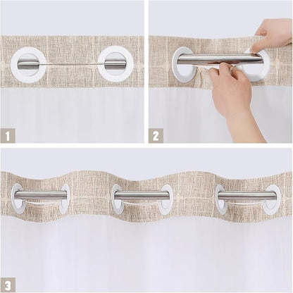 MitoVilla No Hooks Required Farmhouse Shower Curtain with Snap-in Liner - with Window & Magnets, Boho Cotton Linen Fabric Shower Curtains with Tassels for Rustic Bathroom Decor, Tan/Taupe, 72 x 74