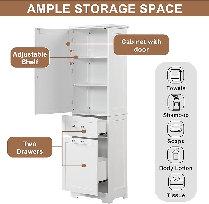 Favfurish 68" Tall Bathroom Storage Cabinet with Door and 2 Drawer,Modern Linen Cabinets w/Adjustable Shelf & Magnetic Door Stopper,Freestanding Organizer for Bath Room,Study,Office,Kitchen White