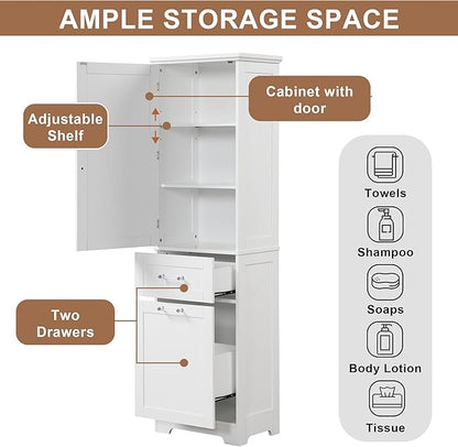 Favfurish 68" Tall Bathroom Storage Cabinet with Door and 2 Drawer,Modern Linen Cabinets w/Adjustable Shelf & Magnetic Door Stopper,Freestanding Organizer for Bath Room,Study,Office,Kitchen White