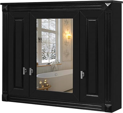 Merax Wall Mounted Bathroom Medicine Cabinet with Mirror, Bathroom Wall Cabinet with Doors and Shelves, 34" x 29" Mirrored Door Over Toilet Storage Cabinet, Black