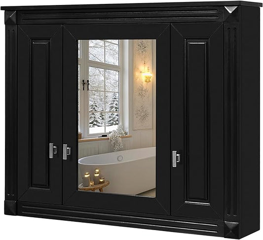 Merax Wall Mounted Bathroom Medicine Cabinet with Mirror, Bathroom Wall Cabinet with Doors and Shelves, 34" x 29" Mirrored Door Over Toilet Storage Cabinet, Black