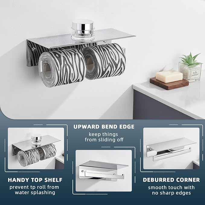 Angle Simple Double Toilet Paper Holder with Shelf Polished Chrome, 304 Stainless Steel Toilet Tissue Roll Holder Wall Mount