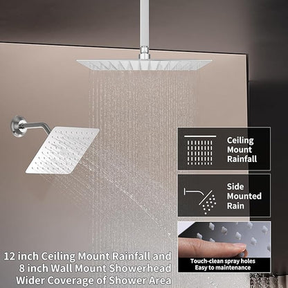 Thermostatic Shower System Chrome Shower Faucet Set, Four Modes Shower Faucet with 4 PCS Body Jet, Handheld Spray, 2 Rainfall Shower Head(12+8“)
