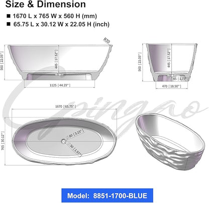 Cpingao 66" Resin Transparent Freestanding Bathtub, Contemporary Oval Stand Alone Tubs, Translucent Resin Freestanding Bath 1670 MM with Drain Lake Blue 8851-1700-BLUE