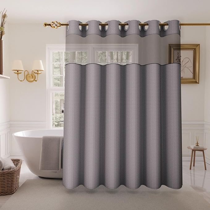 Inhousolu No Hook Shower Curtain with Snap in Fabric Liner Set Waffle Weave 230GSM Weighted Hem, Waterproof & Washable Bathroom Curtain Spa Luxury with Mesh Top Window 72" W x 72" L Grey