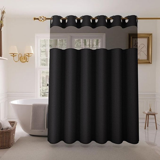Inhousolu No Hook Shower Curtain with Snap in Fabric Liner Set Waffle Weave 230GSM Weighted Hem, Waterproof & Washable Bathroom Curtain Spa Luxury with Mesh Top Window 72" W x 72" L Black