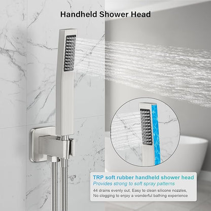 Shower Faucet Set Bathroom Square Rain Shower Head and Handle Set, Wall Mounted Shower Fixtures With Shower Valve and Trim Kit 10 inch Brushed Nickel