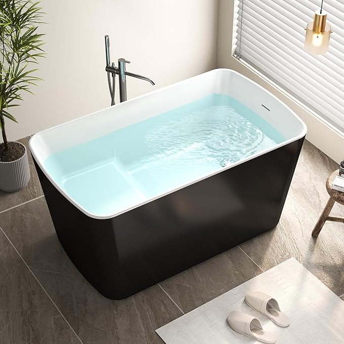 49" Glossy White Acrylic Freestanding Soaking Tub w/Seat- Contemporary Design with Toe-Tap Drain & Brushed Nickel Overflow - 55 Gal, cUPC Certified