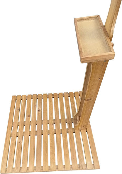 Outdoor Wooden Pool Shower with Base Platform, Solid Wood Garden Shower with Storage Shelf & Adjustable Water Control for Swimming Pool Patio Terrace Backyard, Teak