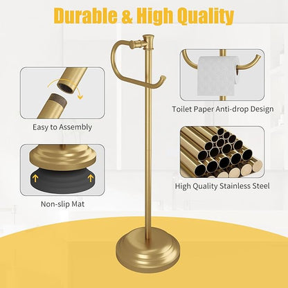 BESy Toilet Paper Holder Free Standing Bathroom Toilet Tissue Holder Stand for Floor Toilet Paper Roll Holder with Storage Hardware Accessories Rack Hand Towel Bar Brushed Gold Stainless Steel