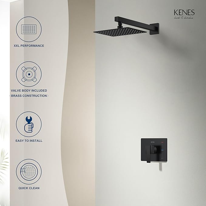 KENES Matte Black Shower Faucet with 10-Inch Shower Head and Handle Set, Square Shower Faucet Set Bathroom Rainfall Shower System Wall Mount, KE-6024B-2 (Shower Valve Included)