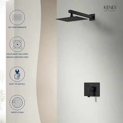 KENES Matte Black Shower Faucet with 10-Inch Shower Head and Handle Set, Square Shower Faucet Set Bathroom Rainfall Shower System Wall Mount, KE-6024B-2 (Shower Valve Included)