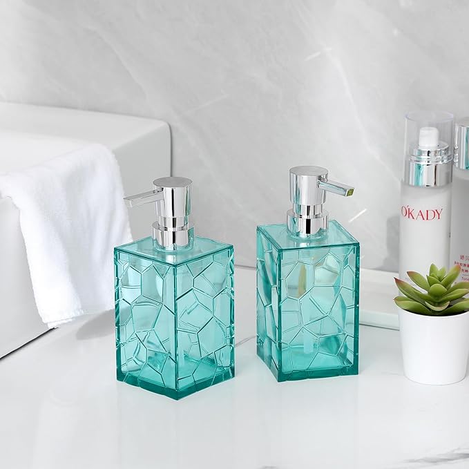 Hand Soap Dispenser, Clear Acrylic Plastic Liquid Pump Bottles Refillable Lotion Dispenser for Bathroom Decor Kitchen College Dorm, Teal