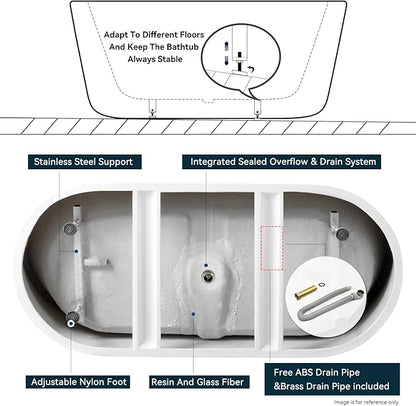 FerdY Santorini 67" Acrylic Freestanding Tub, Gracefully Shaped Contemporary Soaking Tub, Glossy White, cUPC Certified, Polished Gold Toe-tap Drain and Overflow