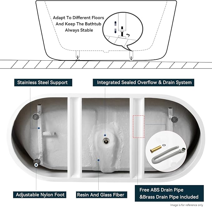 FerdY Santorini 67" Acrylic Freestanding Tub, Gracefully Shaped Contemporary Soaking Tub, Glossy White, cUPC Certified, Matte Black Toe-tap Drain and Overflow